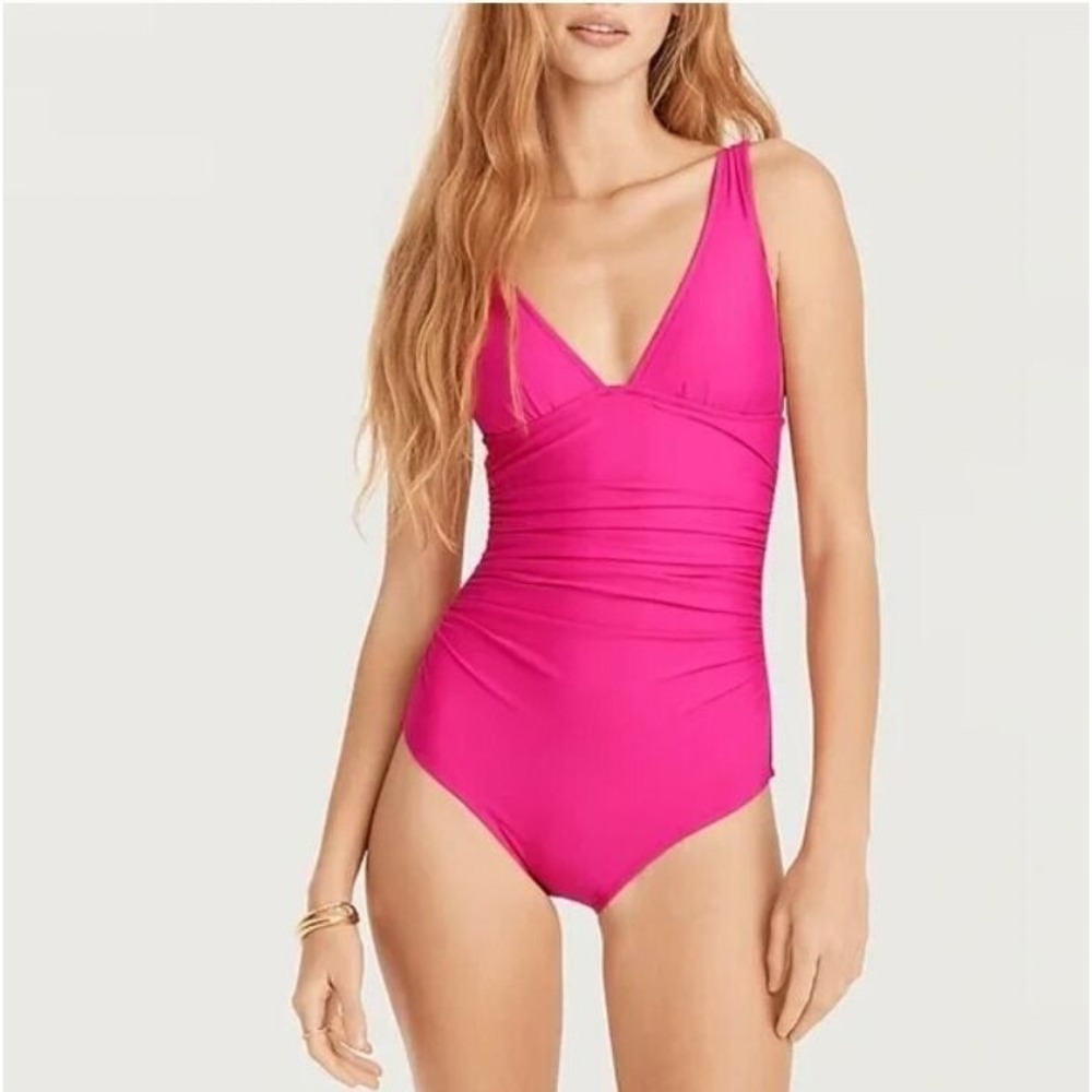 J.Crew Ruched V-Neck One-Piece Swimsuit Fuschia Pink Summer Vacation Sun Size 22